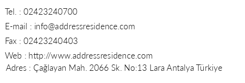 Address Residence Suite Hotel telefon numaralar, faks, e-mail, posta adresi ve iletiim bilgileri